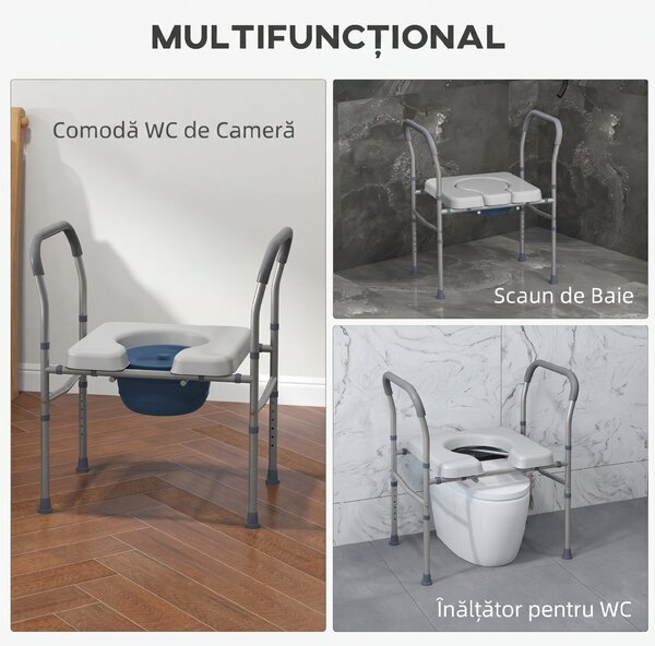 HOMCOM Scaun cu Vas de Toaletă pentru Vârstnici, Scaun de Toaletă Multifuncțional 4-În-1 cu Înălțime Reglabilă, 64x53x70-82 cm, Gri | Aosom Romania