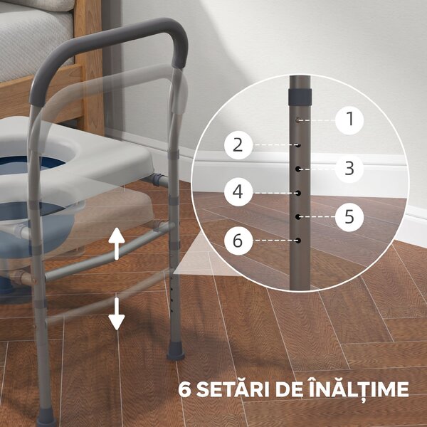 HOMCOM Scaun cu Vas de Toaletă pentru Vârstnici, Scaun de Toaletă Multifuncțional 4-În-1 cu Înălțime Reglabilă, 64x53x70-82 cm, Gri | Aosom Romania