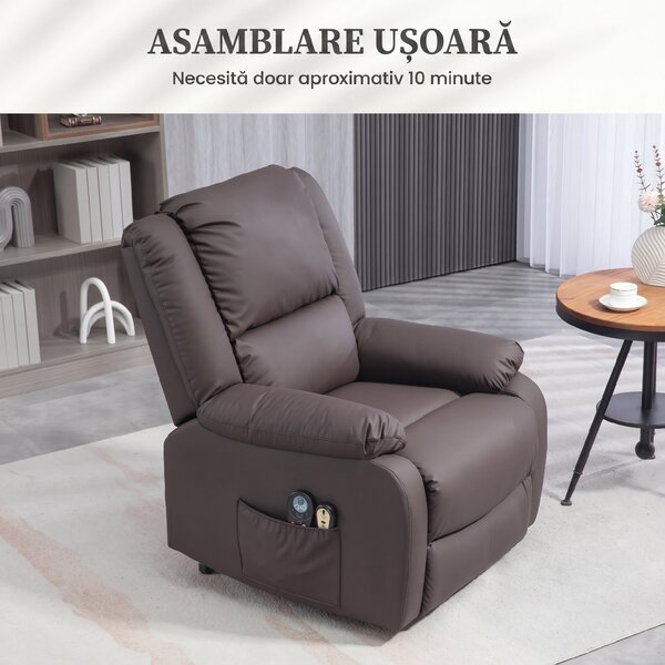 HOMCOM Scaun Reclinabil cu Masaj prin Vibrații și Căldură, Scaun cu Telecomandă și Buzunar Lateral, 89x93x105 cm, Maro Închis | Aosom Romania