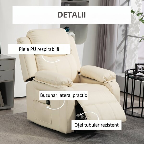 HOMCOM Fotoliu Rabatabil până la 160°, 76x90x105 cm, Alb Crem | Aosom Romania
