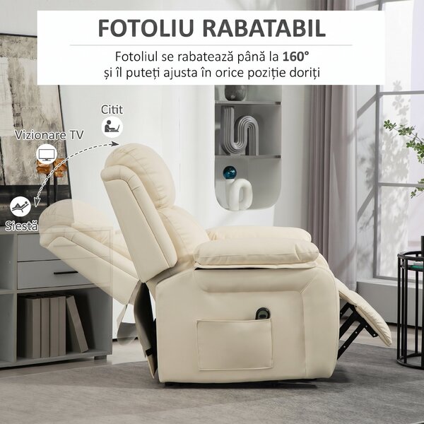HOMCOM Fotoliu Rabatabil până la 160°, 76x90x105 cm, Alb Crem | Aosom Romania