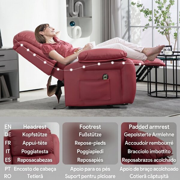 HOMCOM Fotoliu Electric cu Ridicare Rabatabil până la 160° și Telecomandă, din Imitație de Piele, 76x90x105 cm, Roșu | Aosom Romania