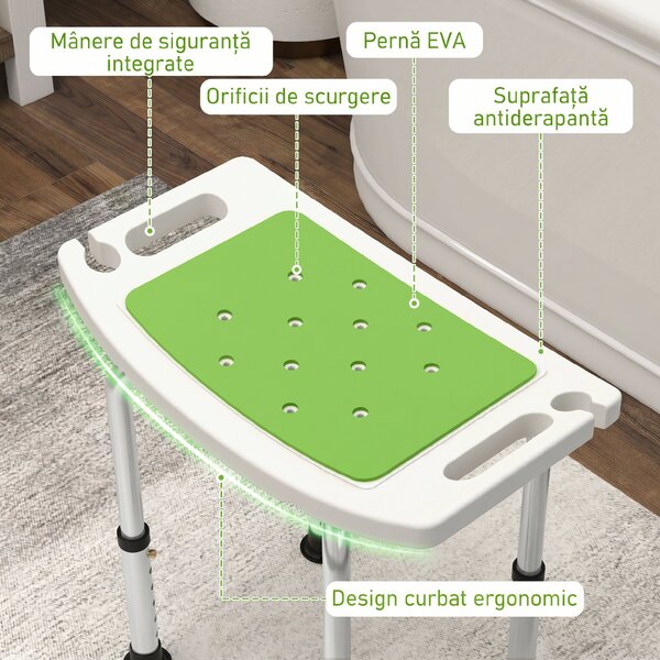 HOMCOM Taburet pentru Duș din Aluminiu și Plastic Antiderapant, Reglabil 6 Niveluri 39-52cm, Verde | Aosom Romania