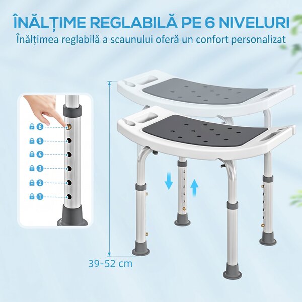 HOMCOM Scaun de Duș din Aluminiu și Plastic Antialunecare, Înălțime Reglabilă 6 Niveluri 39-52cm, Gri | Aosom Romania