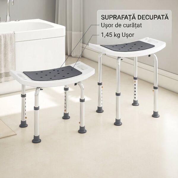 HOMCOM Scaun de Duș din Aluminiu și Plastic Antialunecare, Înălțime Reglabilă 6 Niveluri 39-52cm, Gri | Aosom Romania