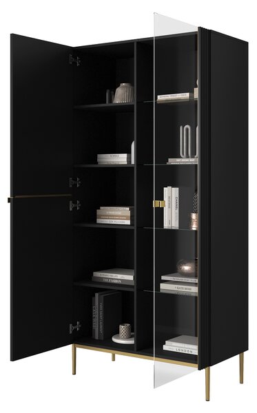 Vitrina Nicole 100 cm cu fata canelata - picioare negru mat / auriu