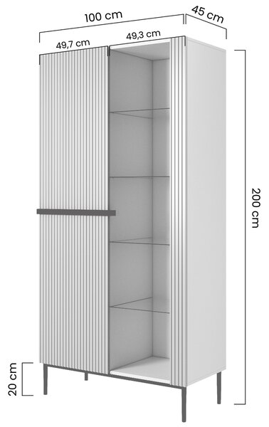 Vitrina Nicole 100 cm cu fata canelata - picioare negru mat / auriu