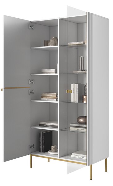 Vitrina Nicole 100 cm cu fata canelata - picioare alb mat / auriu