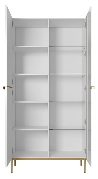 Vitrina Nicole 100 cm cu fata canelata - picioare alb mat / auriu