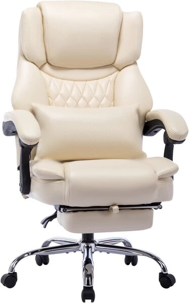 Scaun directorial, spatar inalt, suport pentru picioare, perna lombara detasabila, spatar rabatabil, captuseala groasa respirabila, sustinere extra, piele PU Premium, Bej