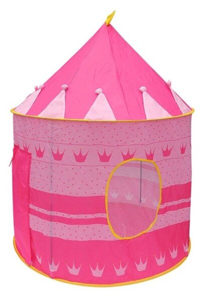 Cort de joaca tip castel, imprimeu buline si coronite, 105x135 cm, husa depozitare, roz