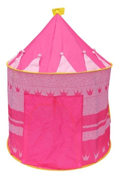 Cort de joaca tip castel, imprimeu buline si coronite, 105x135 cm, husa depozitare, roz