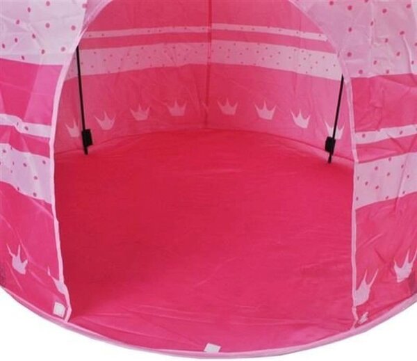 Cort de joaca tip castel, imprimeu buline si coronite, 105x135 cm, husa depozitare, roz