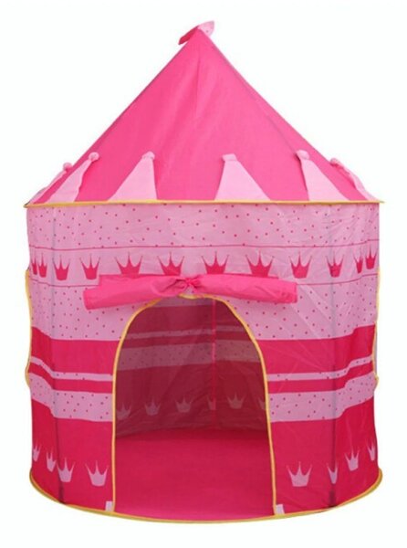 Cort de joaca tip castel, imprimeu buline si coronite, 105x135 cm, husa depozitare, roz