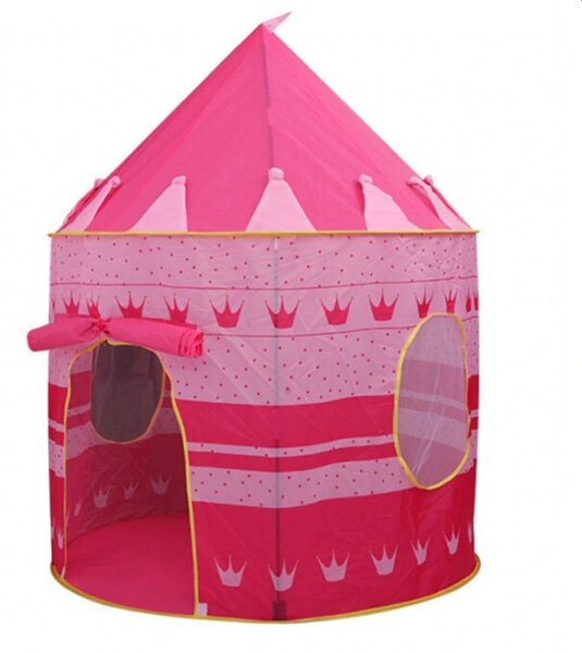 Cort de joaca tip castel, imprimeu buline si coronite, 105x135 cm, husa depozitare, roz