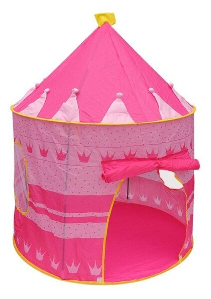 Cort de joaca tip castel, imprimeu buline si coronite, 105x135 cm, husa depozitare, roz