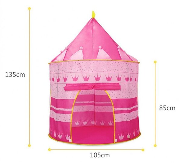 Cort de joaca tip castel, imprimeu buline si coronite, 105x135 cm, husa depozitare, roz