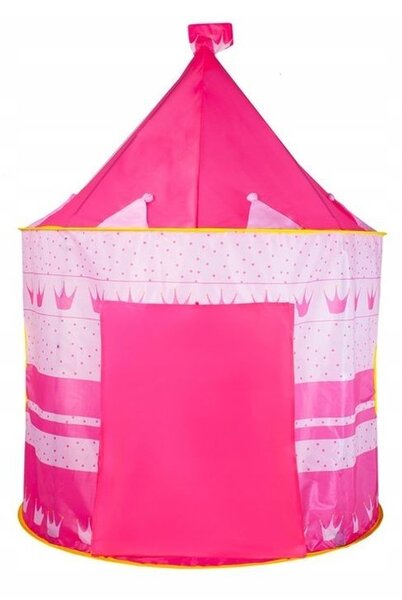 Cort de joaca tip castel, imprimeu buline si coronite, 105x135 cm, husa depozitare, roz