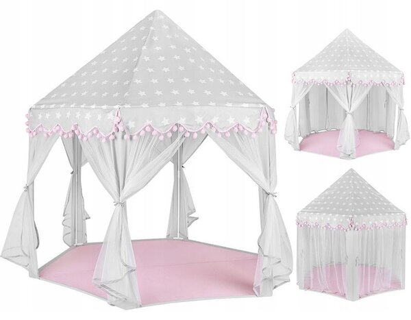 Cort castel printese, mini ghirlanda roz eleganta, 135x140 cm, 6 perdele tul, pliabil, husa depozitare