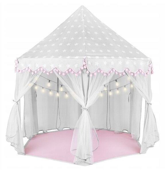 Cort castel printese, mini ghirlanda roz eleganta, 135x140 cm, 6 perdele tul, pliabil, husa depozitare