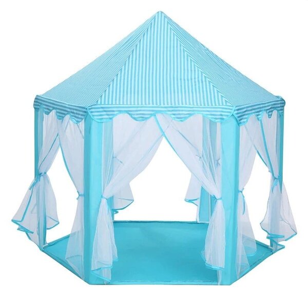 Cort copii, forma hexagonala, 6 intrari, pliabil, 135x140 cm, husa depozitare, alb albastru