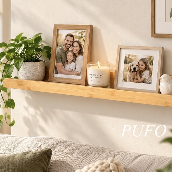 Polita de perete Pufo pentru fotografii si rame foto din lemn de bambus, 55 x 11.5 x 5 cm– Raft decorativ suspendat pentru tablouri, poze si decoratiuni