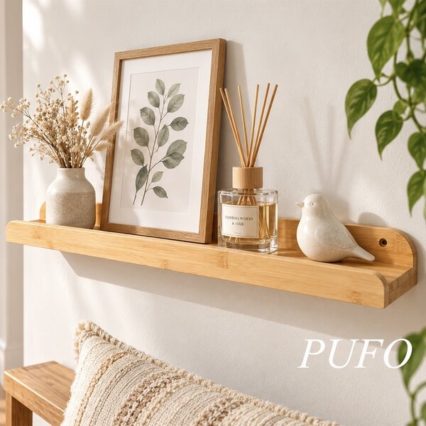 Polita de perete Pufo pentru fotografii si rame foto din lemn de bambus, 55 x 11.5 x 5 cm– Raft decorativ suspendat pentru tablouri, poze si decoratiuni