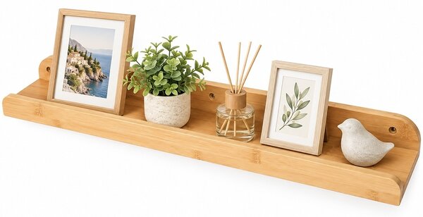 Polita de perete Pufo pentru fotografii si rame foto din lemn de bambus, 55 x 11.5 x 5 cm– Raft decorativ suspendat pentru tablouri, poze si decoratiuni