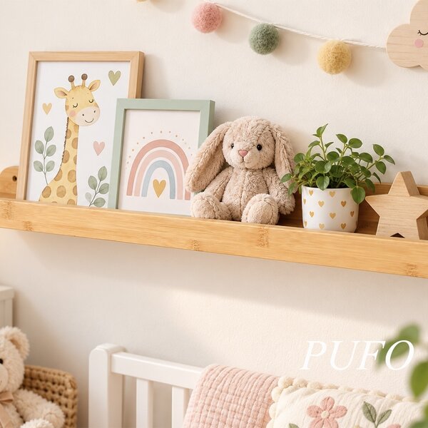 Polita de perete Pufo pentru fotografii si rame foto din lemn de bambus, 55 x 11.5 x 5 cm– Raft decorativ suspendat pentru tablouri, poze si decoratiuni