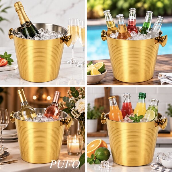 Frapiera eleganta Pufo pentru sampanie, vin si prosecco, recipient pentru gheata si racirea sticlelor, cu 2 manere laterale, design striat, suport decorativ pentru bauturi, petreceri, nunti, sestaurante si evenimente, auriu