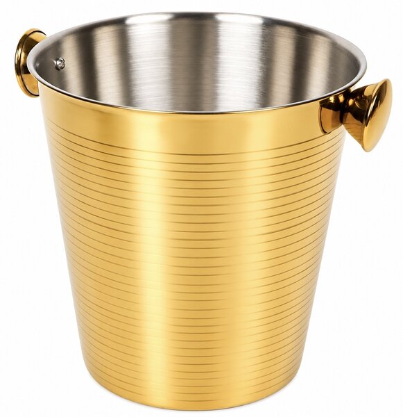 Frapiera eleganta Pufo pentru sampanie, vin si prosecco, recipient pentru gheata si racirea sticlelor, cu 2 manere laterale, design striat, suport decorativ pentru bauturi, petreceri, nunti, sestaurante si evenimente, auriu