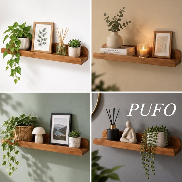 Polita de perete Pufo pentru fotografii si rame foto din lemn, 55 x 11.5 x 5 cm– Raft decorativ suspendat pentru tablouri, poze si decoratiuni