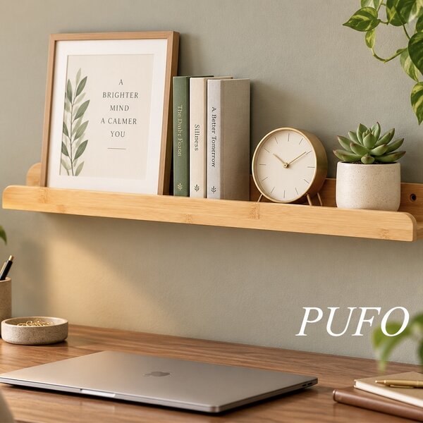 Polita de perete Pufo pentru fotografii si rame foto din lemn de bambus, 55 x 11.5 x 5 cm– Raft decorativ suspendat pentru tablouri, poze si decoratiuni