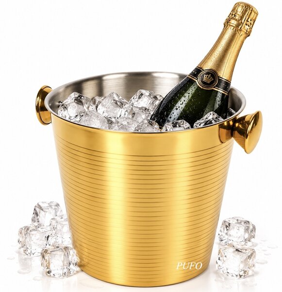 Frapiera eleganta Pufo pentru sampanie, vin si prosecco, recipient pentru gheata si racirea sticlelor, cu 2 manere laterale, design striat, suport decorativ pentru bauturi, petreceri, nunti, sestaurante si evenimente, auriu