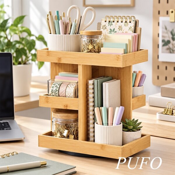 Organizator rotativ de bucatarie Pufo Moderno din bambus, cu 3 niveluri si rotire la 360°, 22.5 x 22.5 x 28 cm – suport multifunctional pentru condimente, borcane, sosuri si accesorii