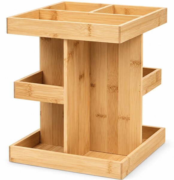 Organizator rotativ de bucatarie Pufo Moderno din bambus, cu 3 niveluri si rotire la 360°, 22.5 x 22.5 x 28 cm – suport multifunctional pentru condimente, borcane, sosuri si accesorii
