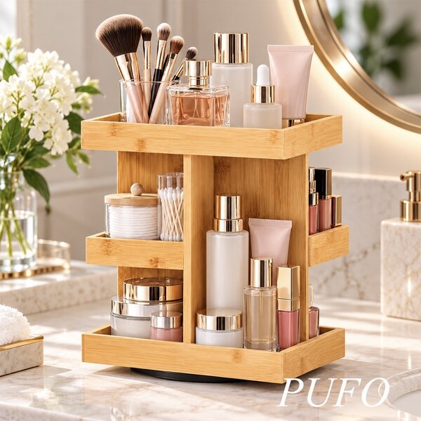 Organizator rotativ de bucatarie Pufo Moderno din bambus, cu 3 niveluri si rotire la 360°, 22.5 x 22.5 x 28 cm – suport multifunctional pentru condimente, borcane, sosuri si accesorii