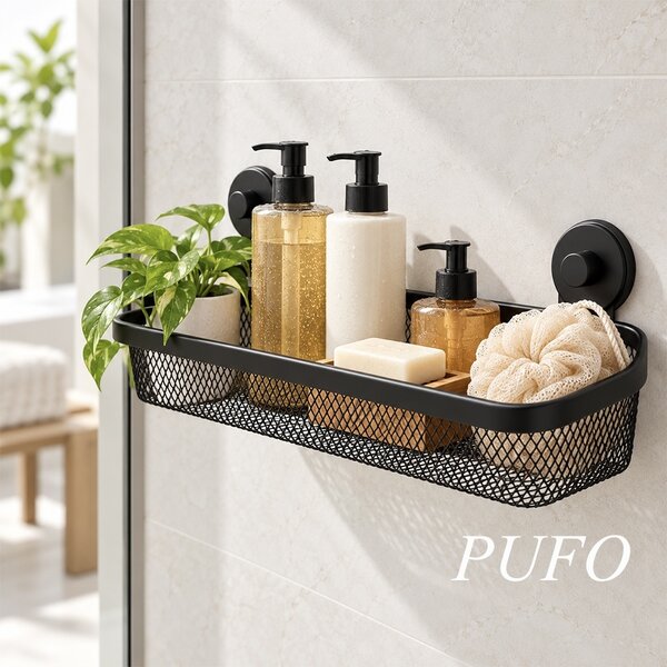 Suport de dus cu ventuze, 34 x 13.5 x 11.5 cm– Etajera de baie cu montare fara gaurire, organizator pentru sampon, gel de dus si accesorii, negru