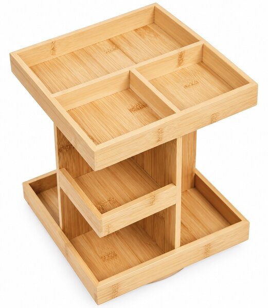 Organizator rotativ de bucatarie Pufo Moderno din bambus, cu 3 niveluri si rotire la 360°, 22.5 x 22.5 x 28 cm – suport multifunctional pentru condimente, borcane, sosuri si accesorii