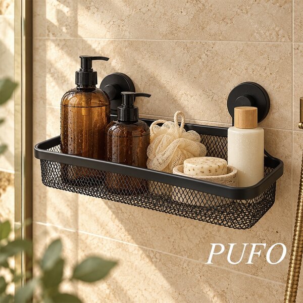 Suport de dus cu ventuze, 34 x 13.5 x 11.5 cm– Etajera de baie cu montare fara gaurire, organizator pentru sampon, gel de dus si accesorii, negru