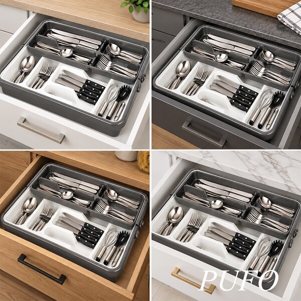 Organizator extensibil pentru tacamuri, 31.5 x 42 x 7.5 cm – cutie compartimentata pentru sertar, linguri, furculite, cutite si ustensile de bucatarie