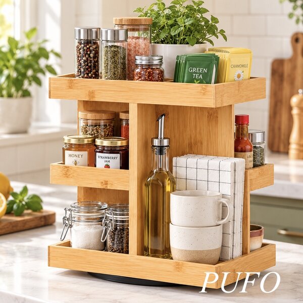 Organizator rotativ de bucatarie Pufo Moderno din bambus, cu 3 niveluri si rotire la 360°, 22.5 x 22.5 x 28 cm – suport multifunctional pentru condimente, borcane, sosuri si accesorii
