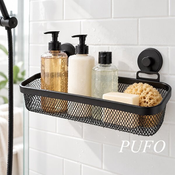 Suport de dus cu ventuze, 34 x 13.5 x 11.5 cm– Etajera de baie cu montare fara gaurire, organizator pentru sampon, gel de dus si accesorii, negru
