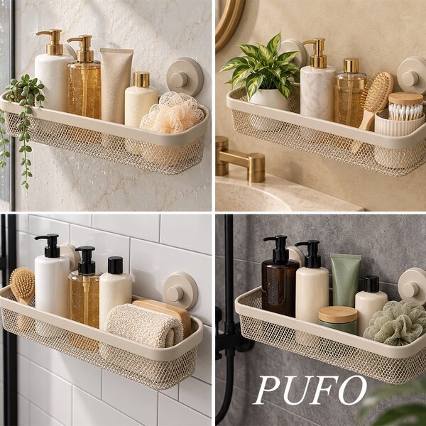 Suport de dus cu ventuze, 34 x 13.5 x 11.5 cm– Etajera de baie cu montare fara gaurire, organizator pentru sampon, gel de dus si accesorii, bej