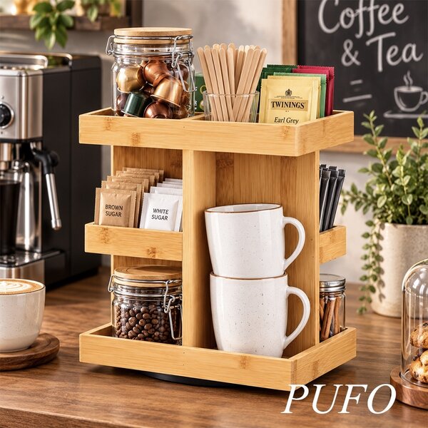 Organizator rotativ de bucatarie Pufo Moderno din bambus, cu 3 niveluri si rotire la 360°, 22.5 x 22.5 x 28 cm – suport multifunctional pentru condimente, borcane, sosuri si accesorii
