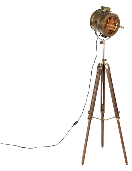 Lampa de podea trepied bronz cu spot de studio din lemn - Radient