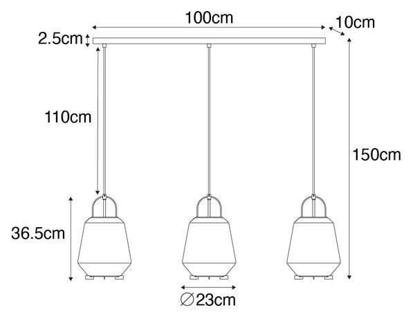 Lampă suspendată neagră cu sticlă fumurie 23 cm ovală cu 3 lumini - Kevin