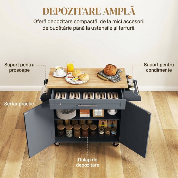 HOMCOM Cărucior Multifuncțional de Bucătărie cu Sertar, Roți, Suport pentru Condimente și Dulăpior, 109x40x89 cm, Gri | Aosom Romania