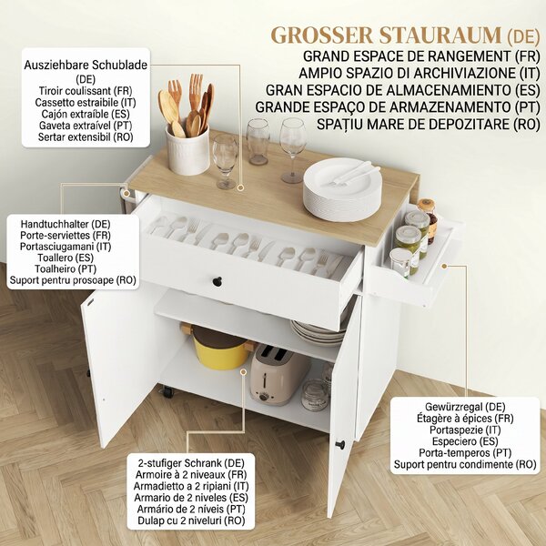 HOMCOM Insulă de Bucătărie cu Sertar, Dulap, Suport pentru Condimente și Suport pentru Prosoape, 106x42x87 cm, Alb și Stejar | Aosom Romania