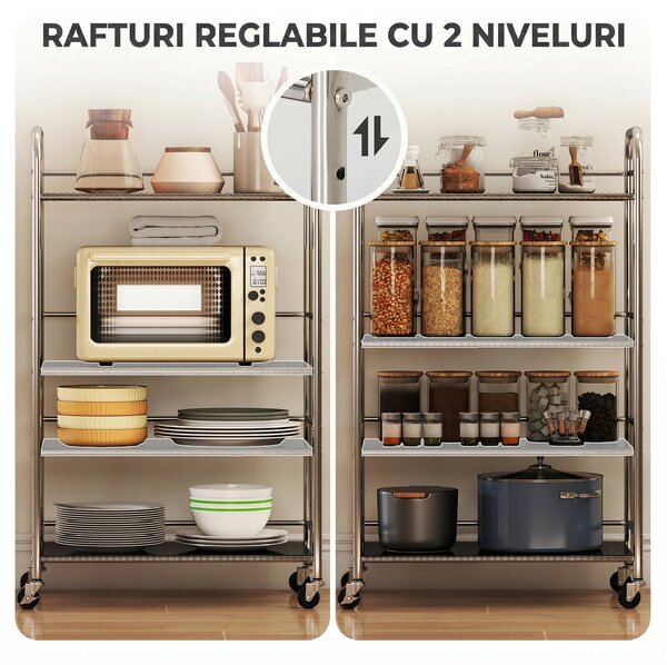 HOMCOM Cărucior de Bucătărie din Oțel Inoxidabil cu 4 Nivele și Rafturi Reglabile - Argintiu | Aosom Romania